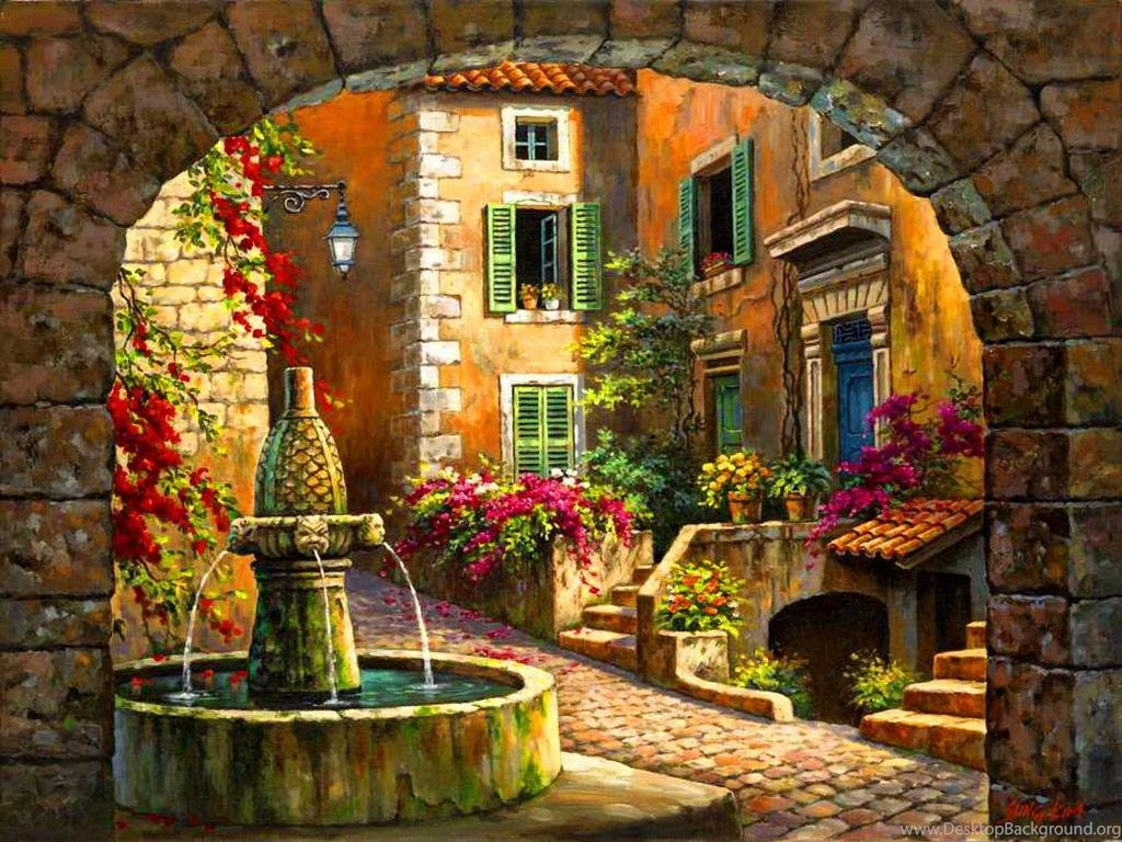 VILLAGE FOUNTAIN WALLPAPER   (