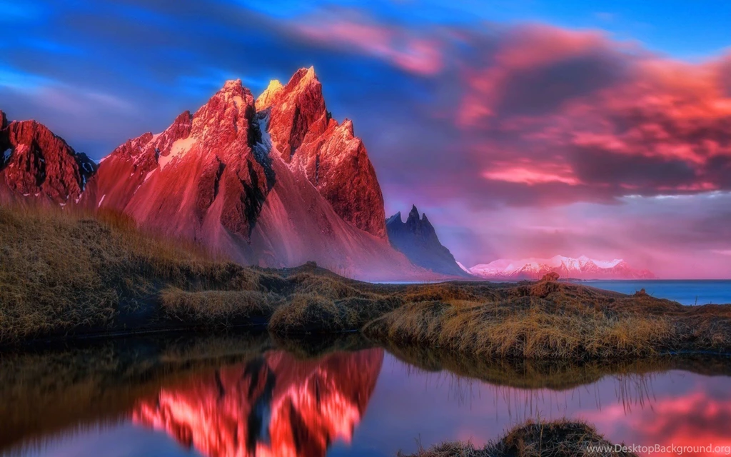 Sunsets: Gorgeous Red Sunset Reflection Grass Mountain Sea Pool ...