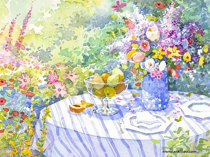Springtime Watercolor , Spring Flowers And Afternoon Tea Time 2 ...