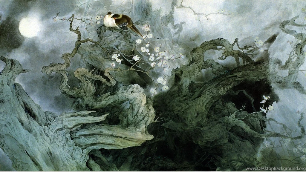 1920x1080 Birds, Zou Chuanan, Figure, Night, Chinese Painting, Art ...