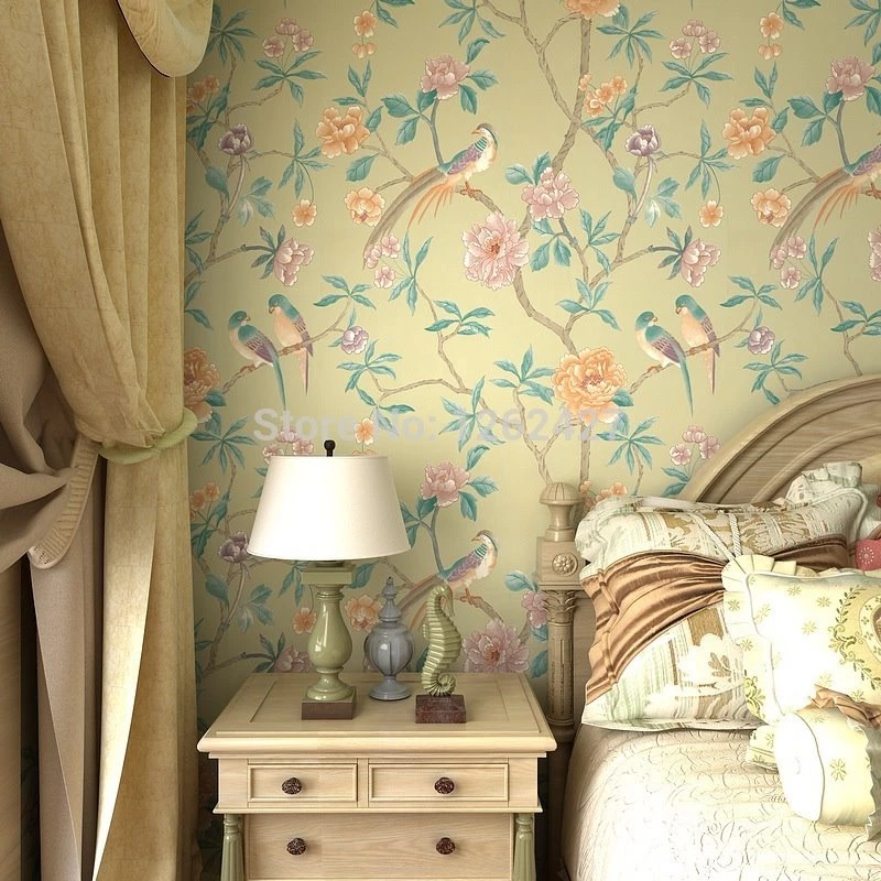Chinese Elements Wallpapers Non Woven Red Green Blue Peony Flowers ...