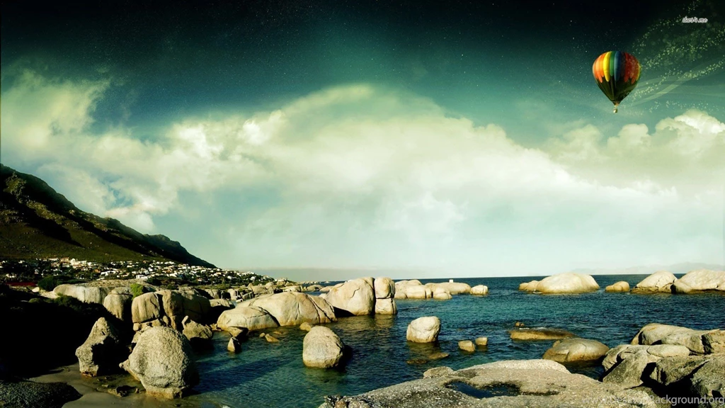 Hot Air Balloon Over Seashore, Sky, Rock, Digital art, 1920x1080 ...