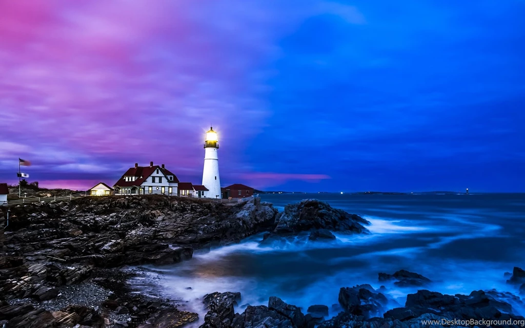 Portland Lighthouse, Houses, Coast, Sea, Dusk, Blue Wallpapers ...