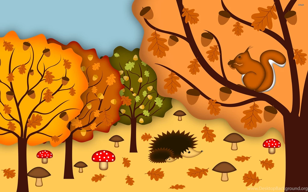 Autumn In The Forest, Tree, Leaf, Squirrel, Hedgehog, Acorn ...