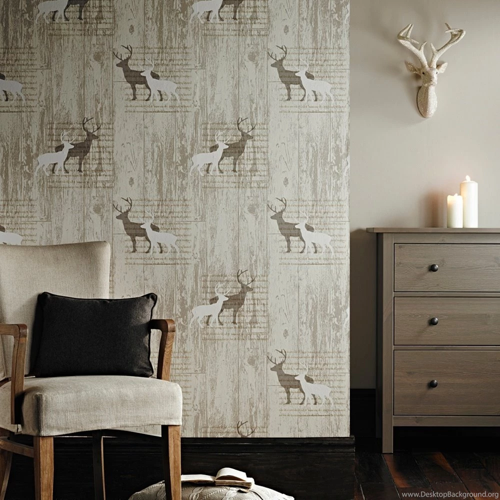 Arthouse VIP Stag Deer Animal Print Wood Cream Vinyl Wallpapers 623001