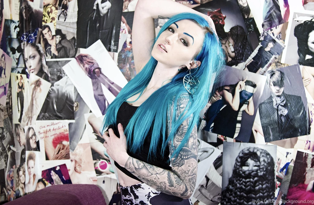 Suicide Girls, Tattoo, Blue Hair, Hands On Head :: Wallpapers