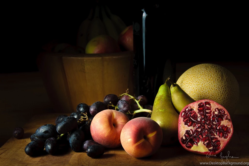 Wallpapers Still life Peaches Grapes Pears Pomegranate Food Image ...