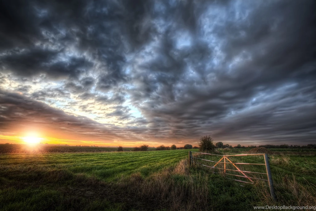 Clouds, Dark, Field, Sunset, Grass, Yellow, Green, Gates, Blue ...