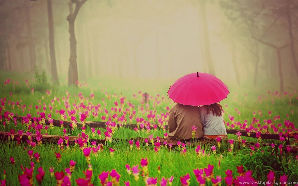 Boy girl couple umbrella rain flowers garden pink.jpg