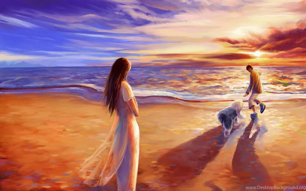 Beach Sea Couple Art Dog Paint Wallpapers