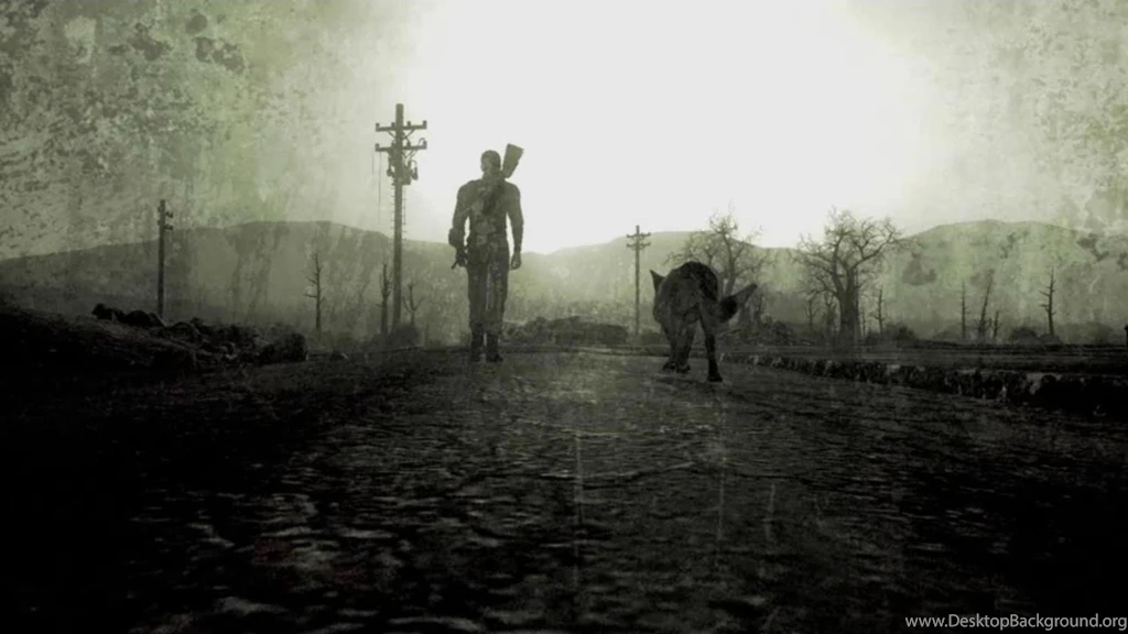 FALLOUT 3 WALKING WITH DOG IN GREY WALLPAPER (