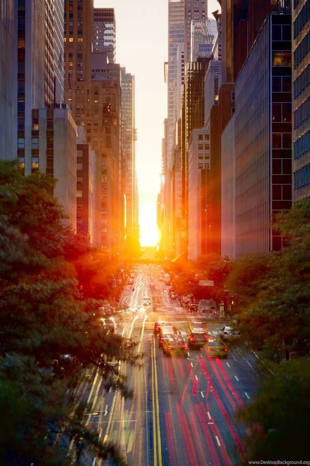 Download Wallpapers 640x960 City, Sunset, Sun, Manhattan, Road ...