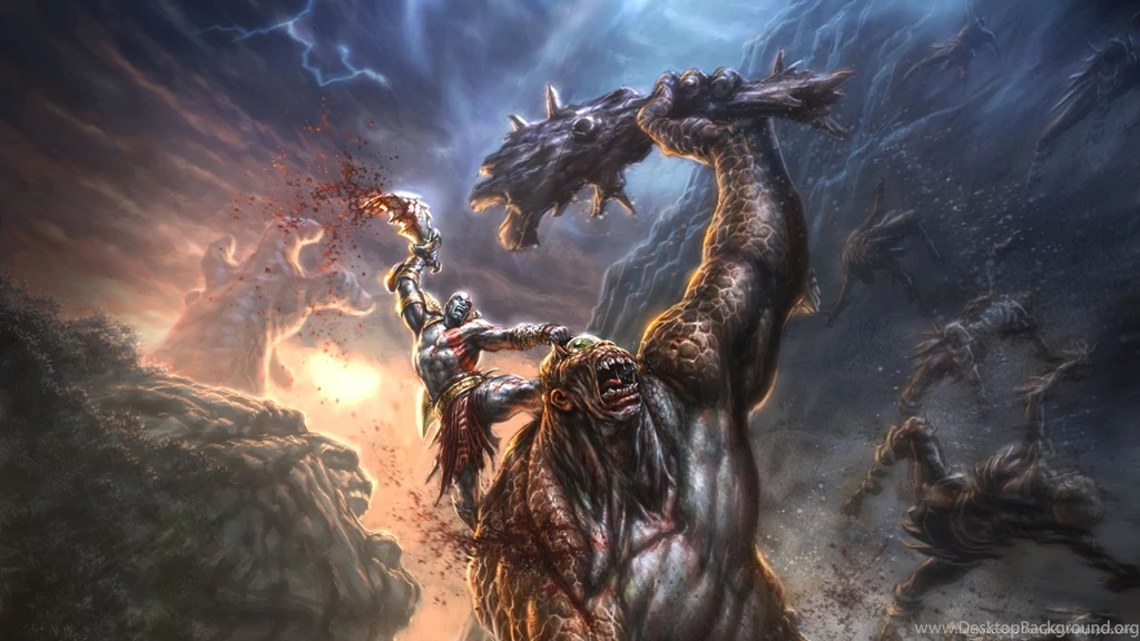 Download 1366x768 God Of War Epic Fight Against Cyclops Wallpapers