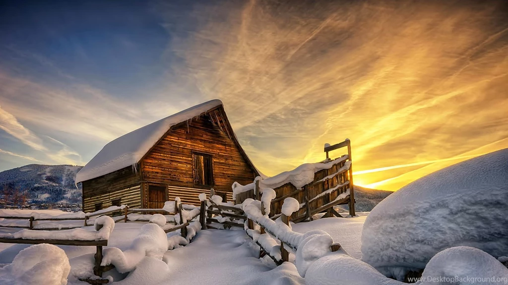Wooden Mountain Cabin In Winter HD Desktop Backgrounds