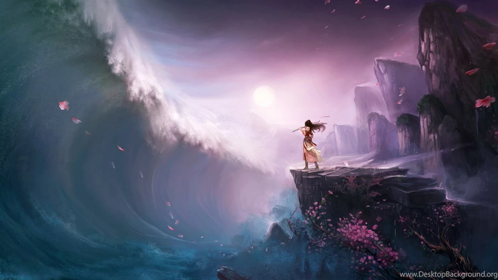 1920x1080 Tsunami, Wave, Girl, Rock, Art, Flute, Tree Wallpapers ...