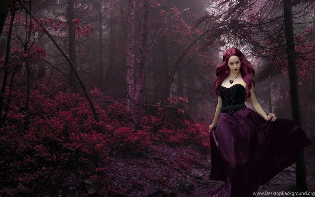 Burgundy Woman In The Forest Widescreen Wallpapers