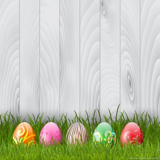 Decorative Easter Eggs In Grass On A Wood Backgrounds Vector