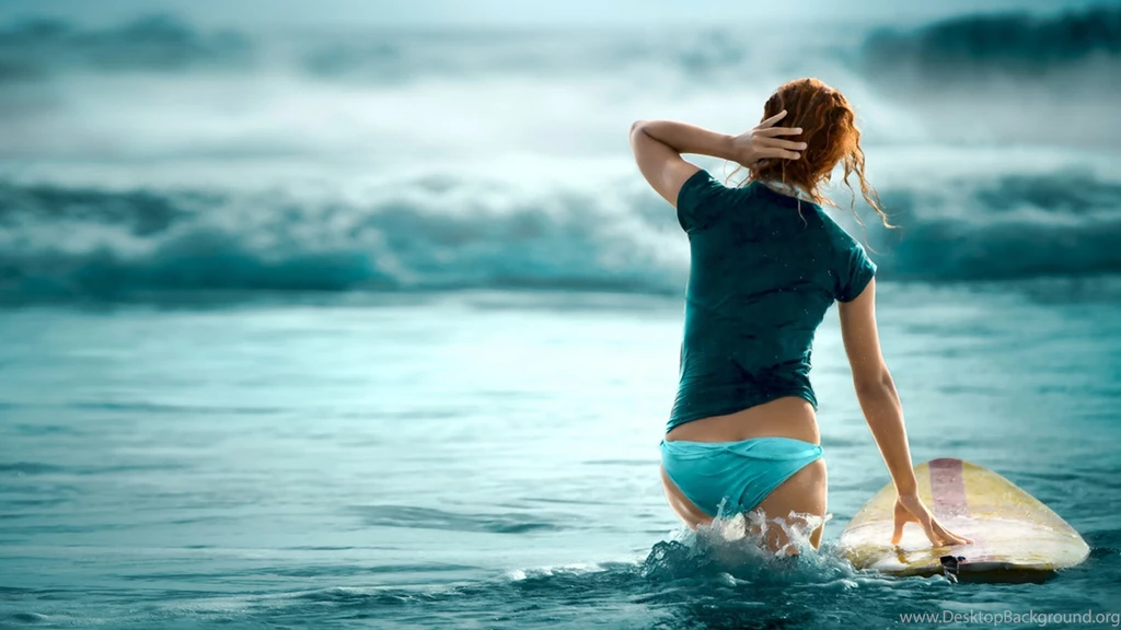 Bikini Girl Beach Surfing Green Shirt Blue Wave Hd Wallpapers ...