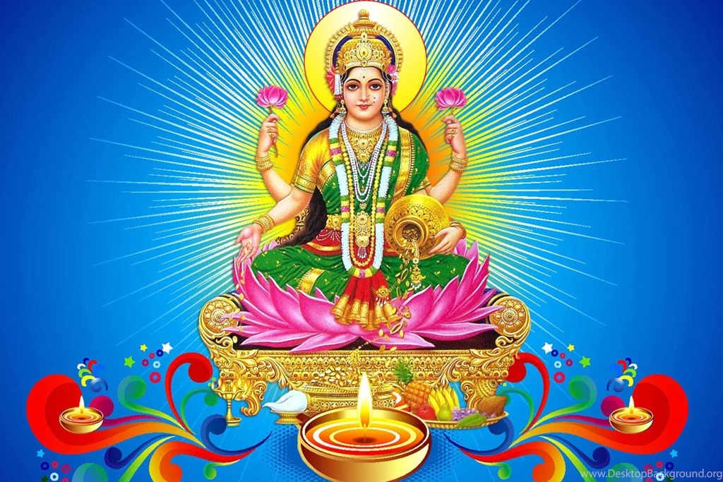 Hindo Lord Dhanteras Laxmi Mataji In Blue Backgrounds With Diya ...