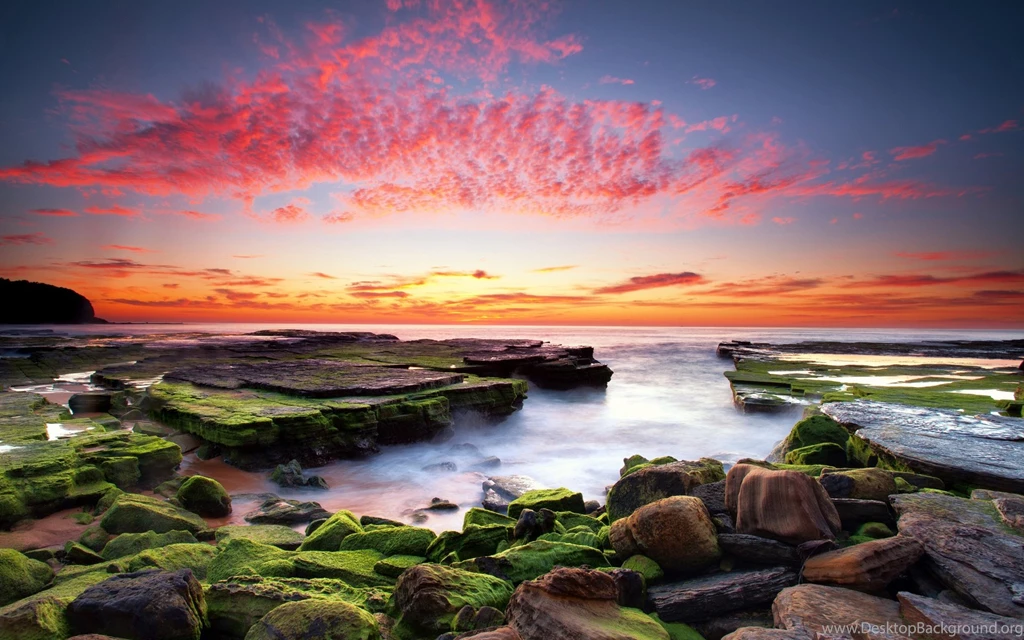 The Red Color Of The Sky, Ocean, Rocks, Moss Wallpaper,Red HD ...