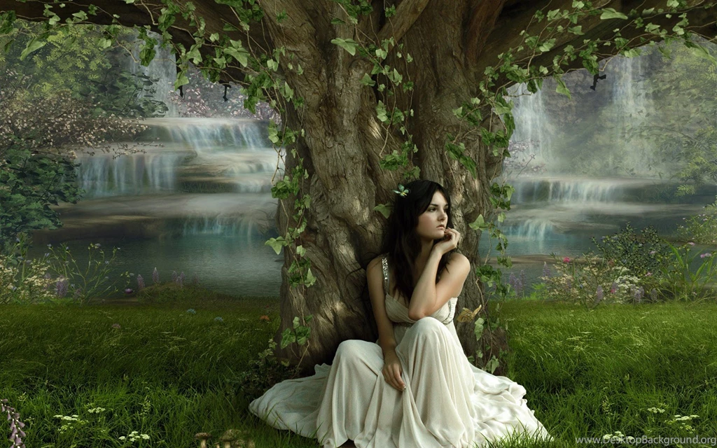 Lonely Beauty Girl Nature Trees Waterfall