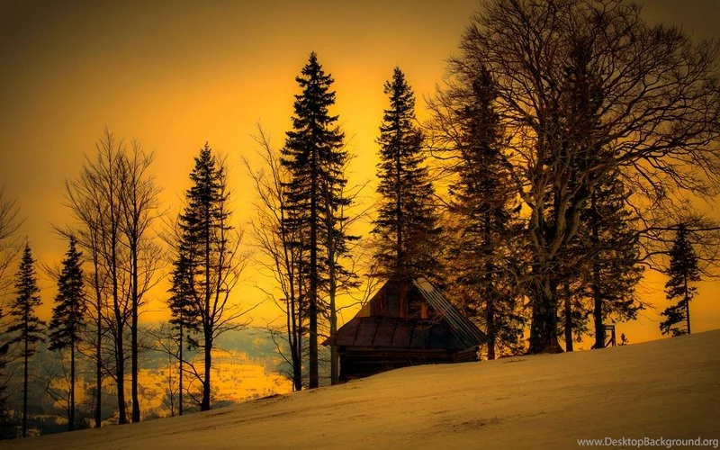 Hill House WINTER SUNSET – Nature Winter HD Desktop Wallpapers