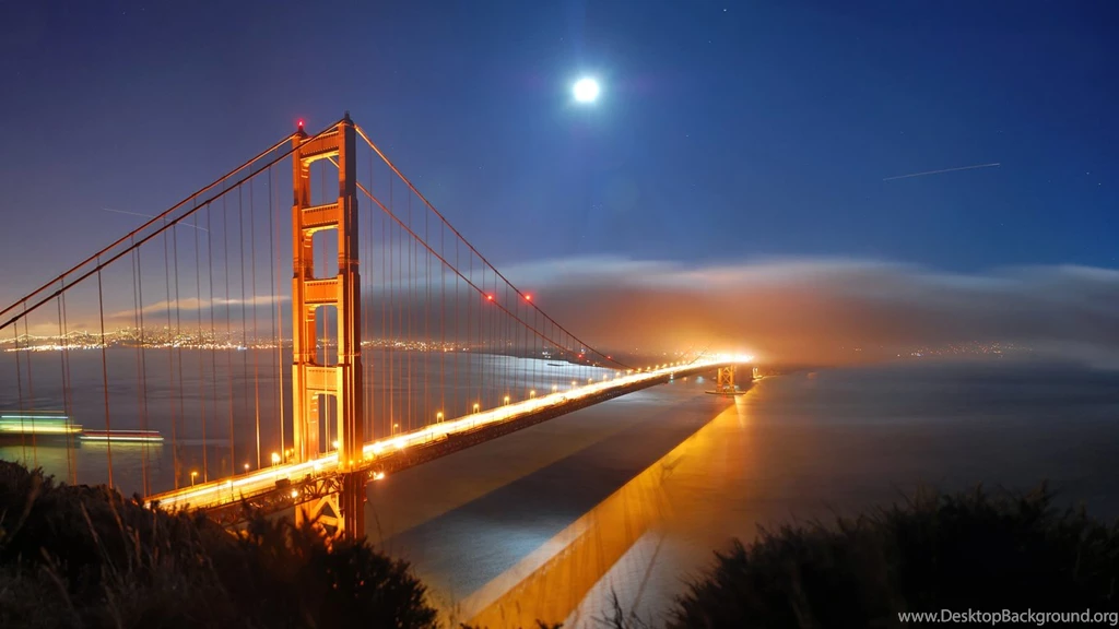 1366x768 Light, Month, Night, Sea, Places, Bridges, City, Usa ...
