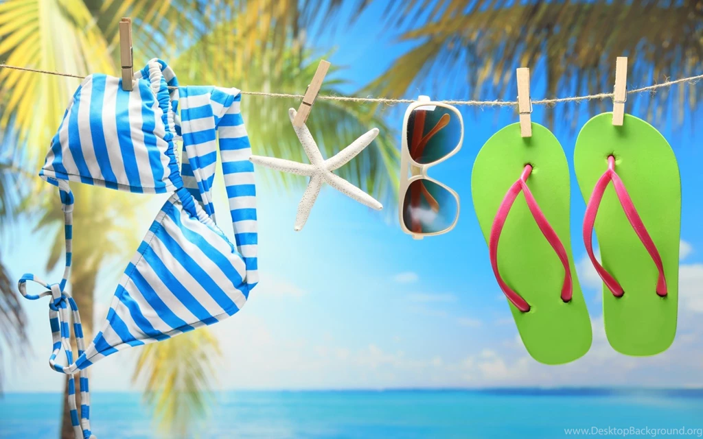 Swimwear Sunglasses And Green Flip Flops On The Beach Wallpapers By ...