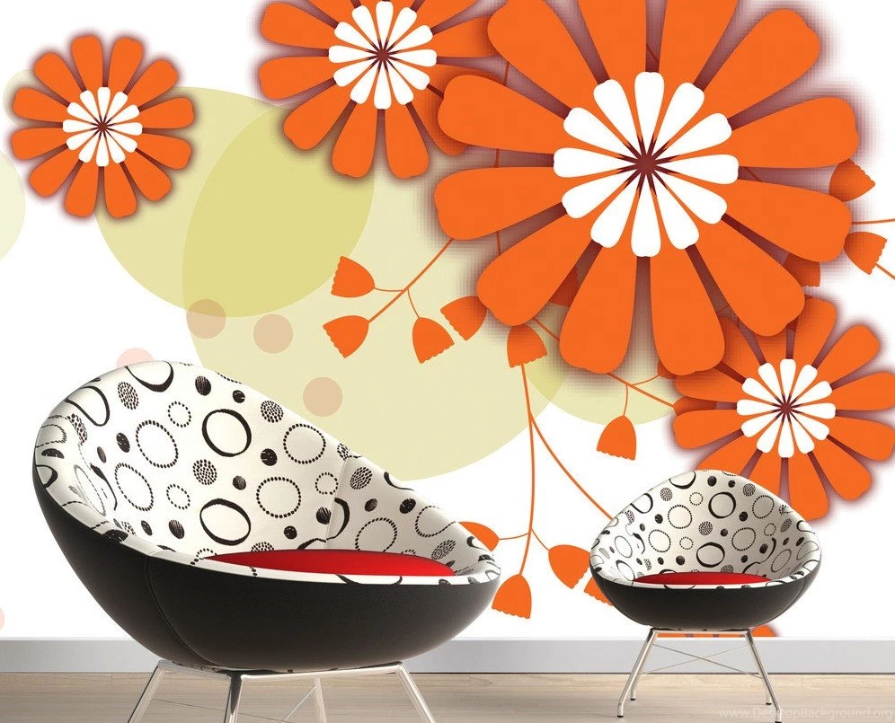 3D Interior View Of Orange And White Floral Wallpapers