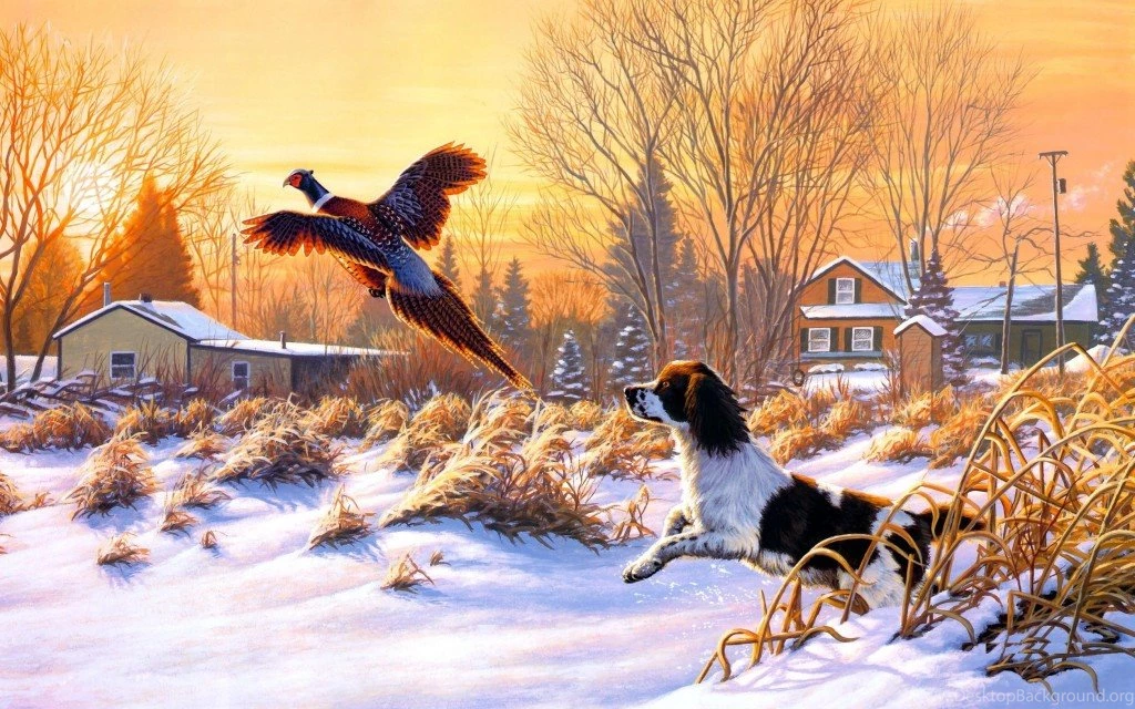 Getting, Up, Art, Nature, Winter, Snow, Hunting, Dog, Bird, Fly ...