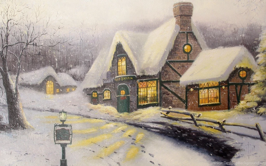 2560x1600 Cottage, Picture, Thomas Kinkade, Winter, Painting, Snow ...