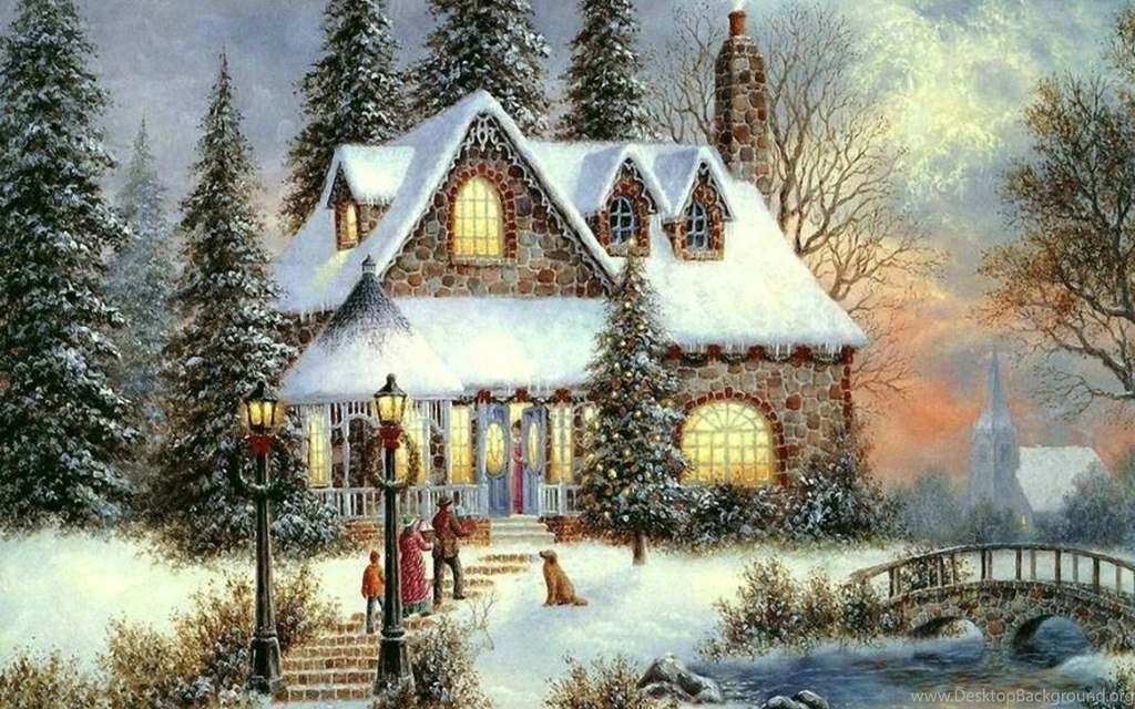 Wallpaper: Painting, Dennis Lewan, Cottage, Snowing, Winter, Art ...