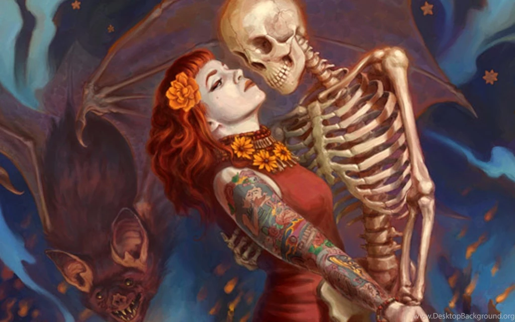 Horror Dead Tattoos Bat Halloween Skeleton Dance Girl Woman ...