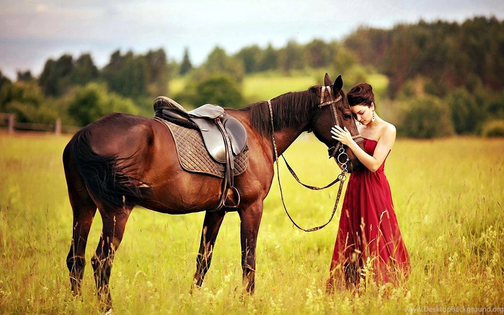 Lady In Red With Her Horse (