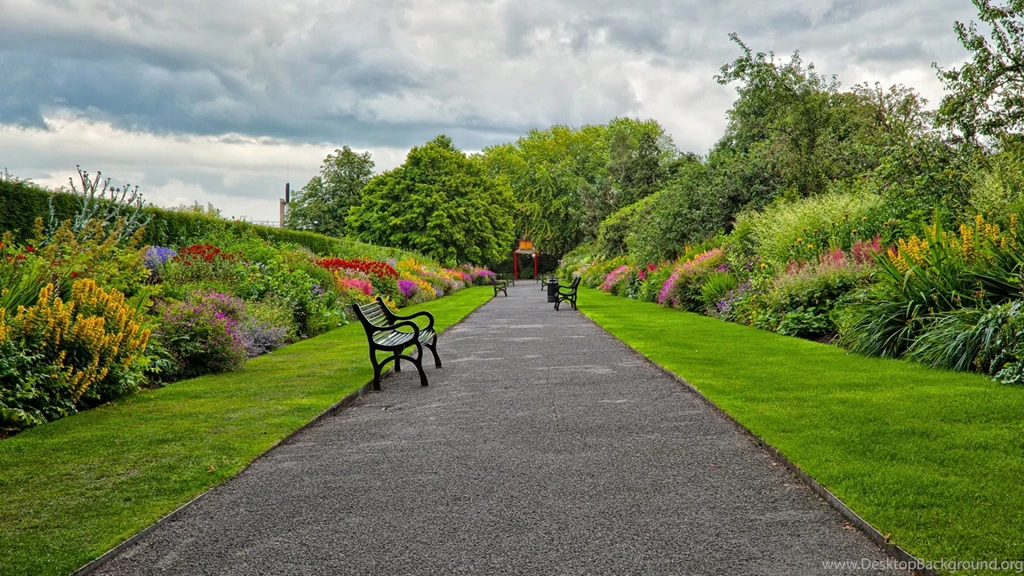 Download Wallpapers 2048x1152 Garden, Park, Road, Benches ...