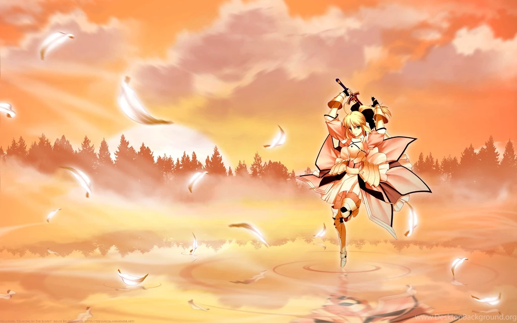 Armor Blonde Hair Clouds Fate Stay Night Green Eyes Orange Saber ...