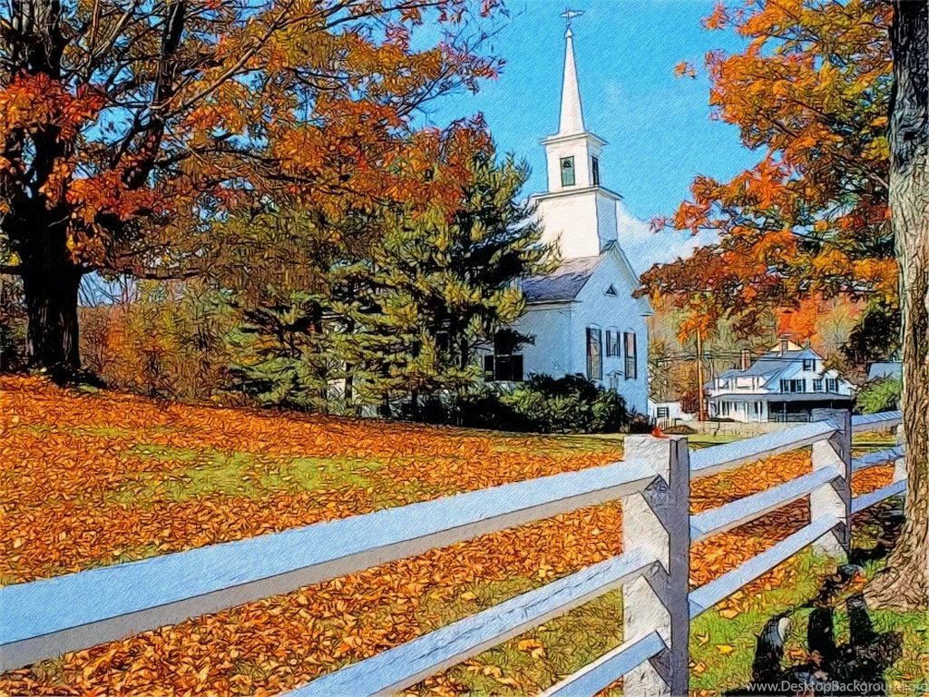 1024x768 Church in Fall Splendor New England By T Douglas Painting ...