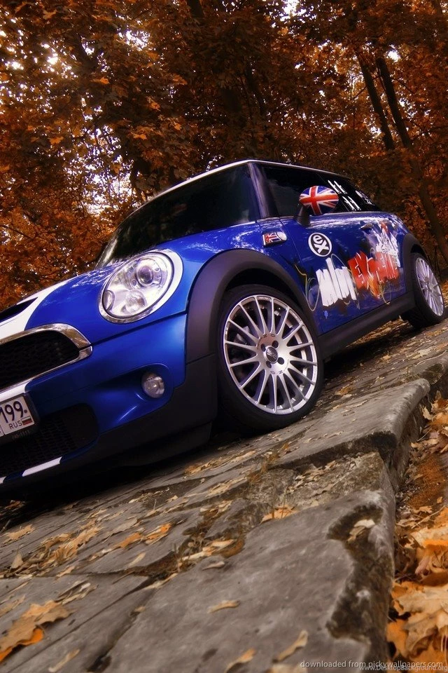 Download Blue MINI Cooper Autumn Wallpapers For iPhone 4