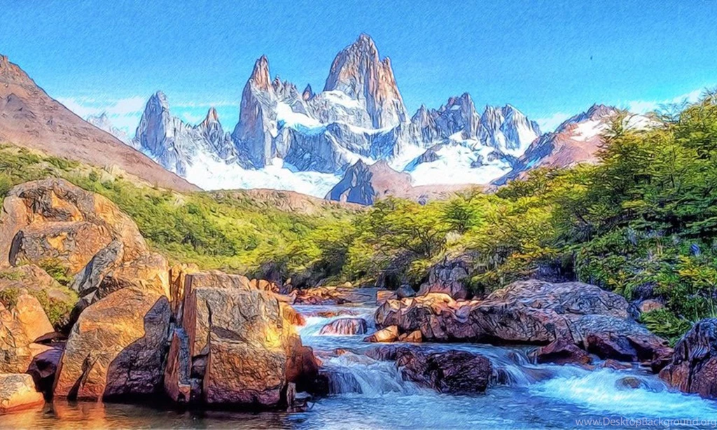 Free Wallpapers Paintof Mountain, Snow And River 1280x768 Wallpapers