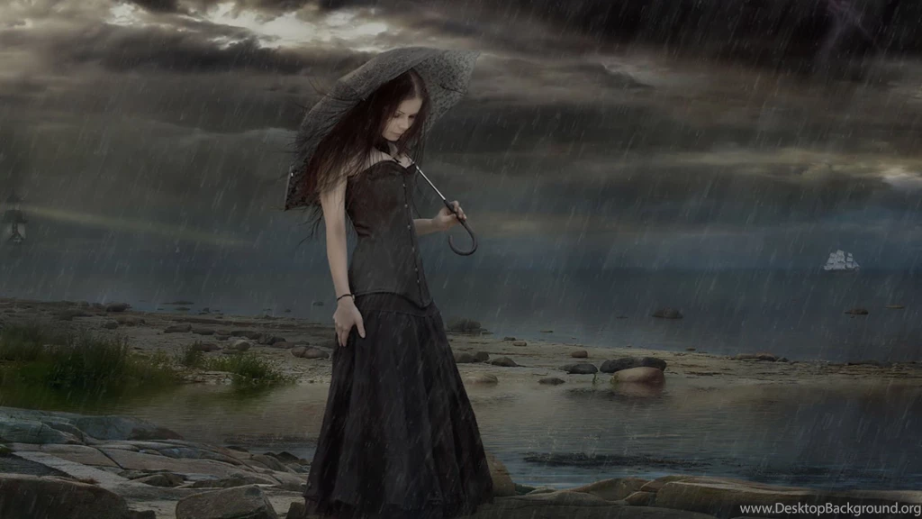 Download Wallpapers 1920x1080 Girl, Umbrella, Rain, Grief, Sea ...