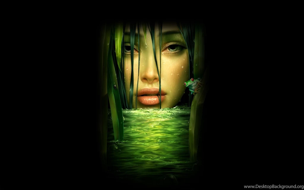 Beautiful Green Girl Face On Black Backgrounds Wallpapers