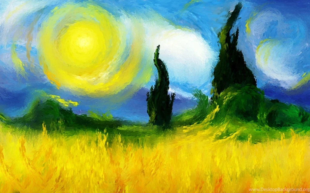 Painting Field Trees Sun Sky Nature Hd Wallpapers Wallpapers