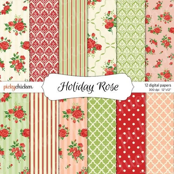 Rose Digital Paper Holiday Rose Shabby Chic Christmas Valentines ...