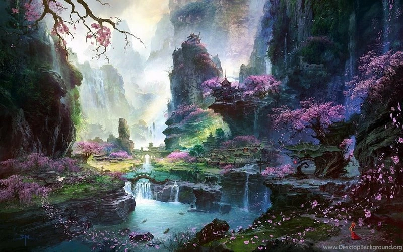Landscapes Nature Cherry Blossoms Leaves Fantasy Art Artwork ...
