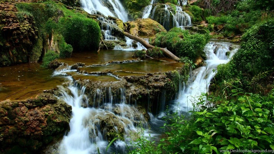 Cascading Waterfalls, Rocks Covered With Moss Green Vegetation Dry ...