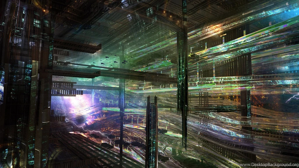 Download 1366x768 Futuristic City With Transport Lanes Wallpapers