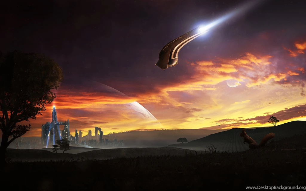 Wallpapers Spaceship, Sunset, Skyscrapers Desktop Wallpapers » 3D ...
