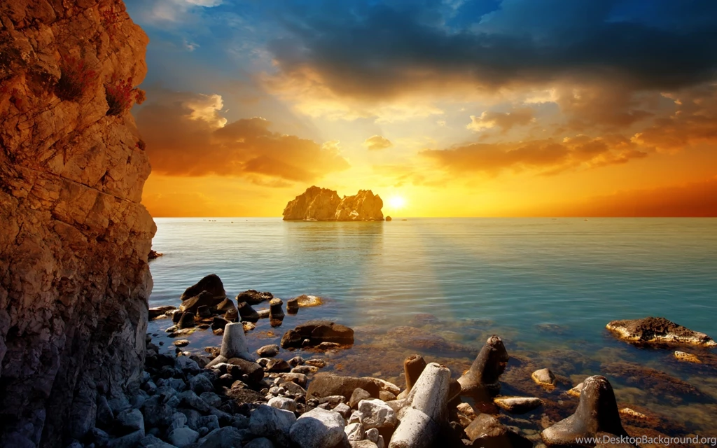 Download Wallpapers 3840x2400 Rocks, Beach, Sea, Sun, Rays, Light ...