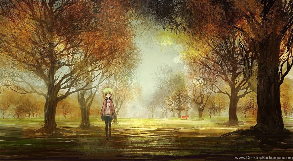 Original Art Girl Landscapes Anime Trees Park Autumn Fall ...