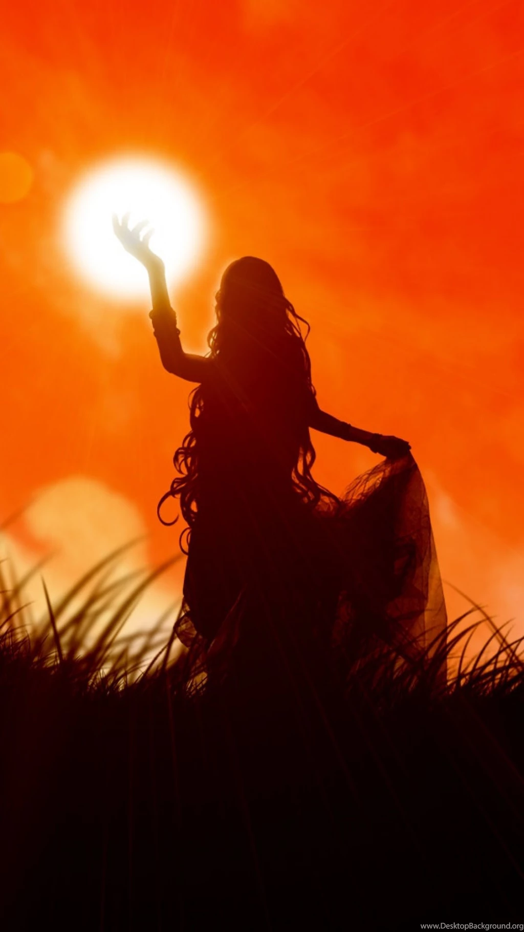 Download Wallpapers 1080x1920 Girl, Grass, Sun, Sunset, Drawing ...